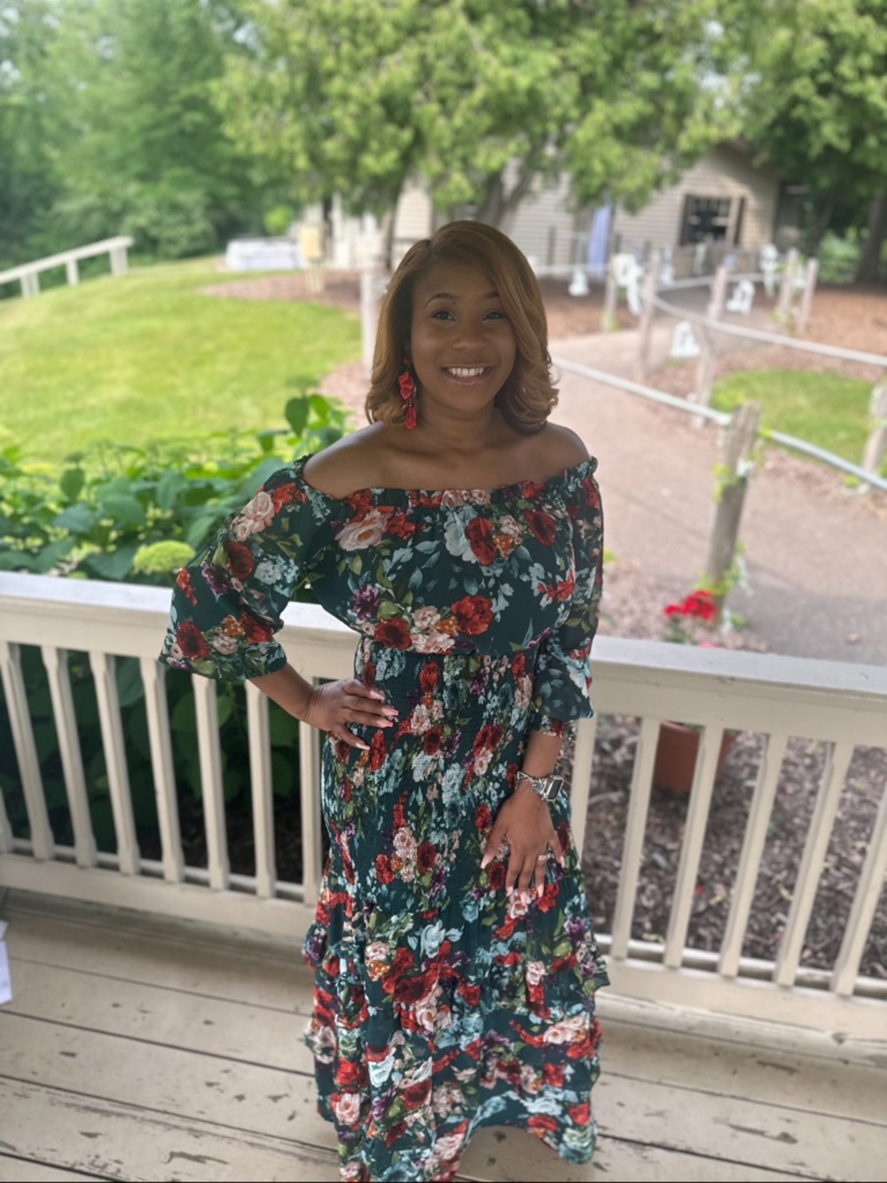 Off-Shoulder Floral Maxi Dress in Forest Green